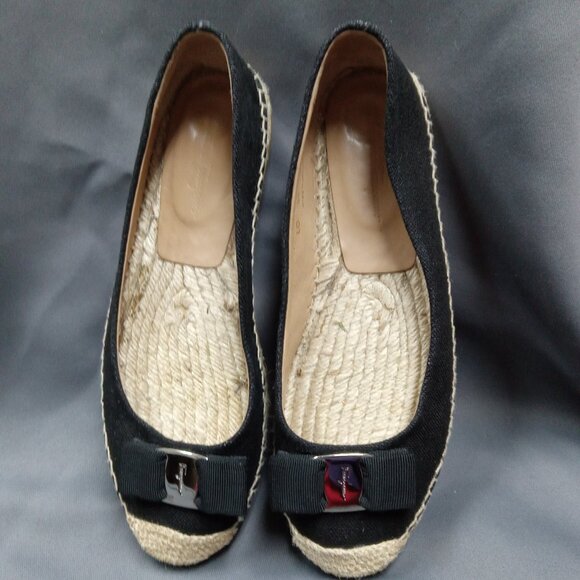 Salvatore Ferragamo Black Canvas Espadrille Ballet Flats LOGO Bow US 9M Spain - Picture 3 of 12